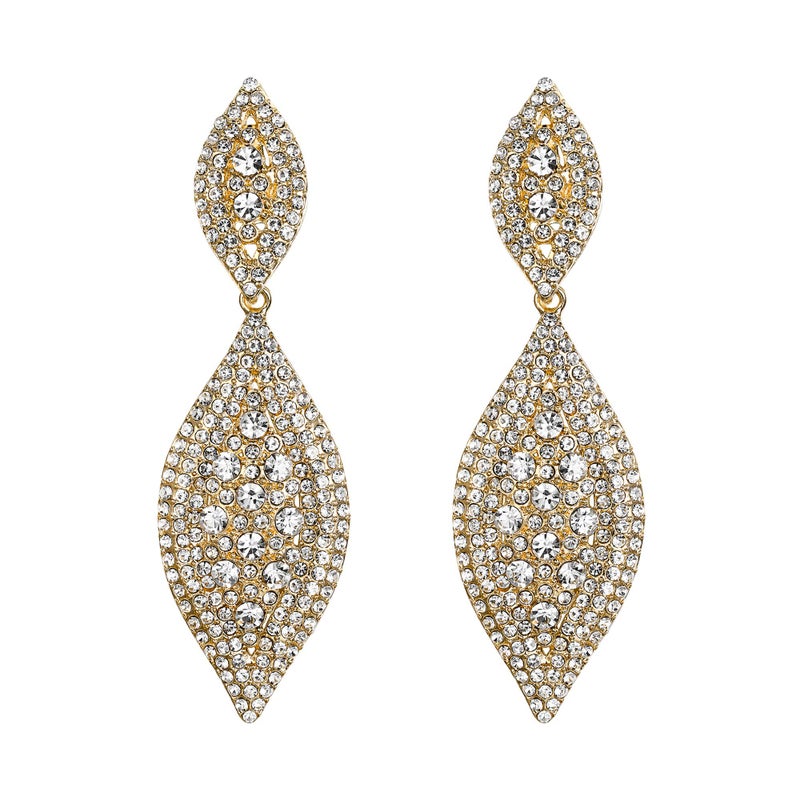 Flyonce Gold Earrings for Women, Sparkly Rhinestone Crystal Large Long Statement Wedding Party 2 Leaf Drop Dangle Chandelier Earrings for Brides Bridal Clear Gold-Tone 3.3" - Image 1